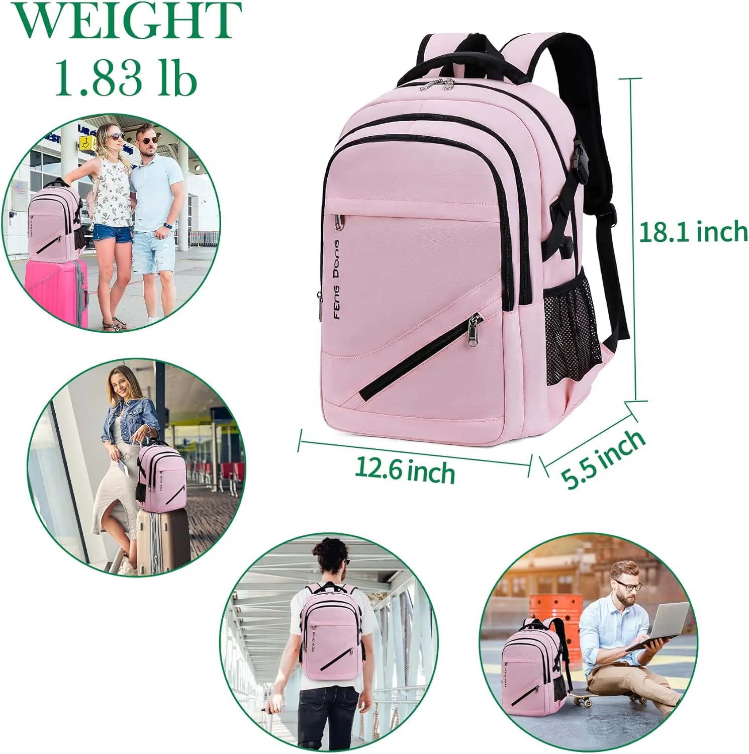 Large Laptop Backpack 17.3 inch Waterproof Travel College Backpack Bookbag,Crossbody Sling Bags for Men & Women Business Backpack Light Pink