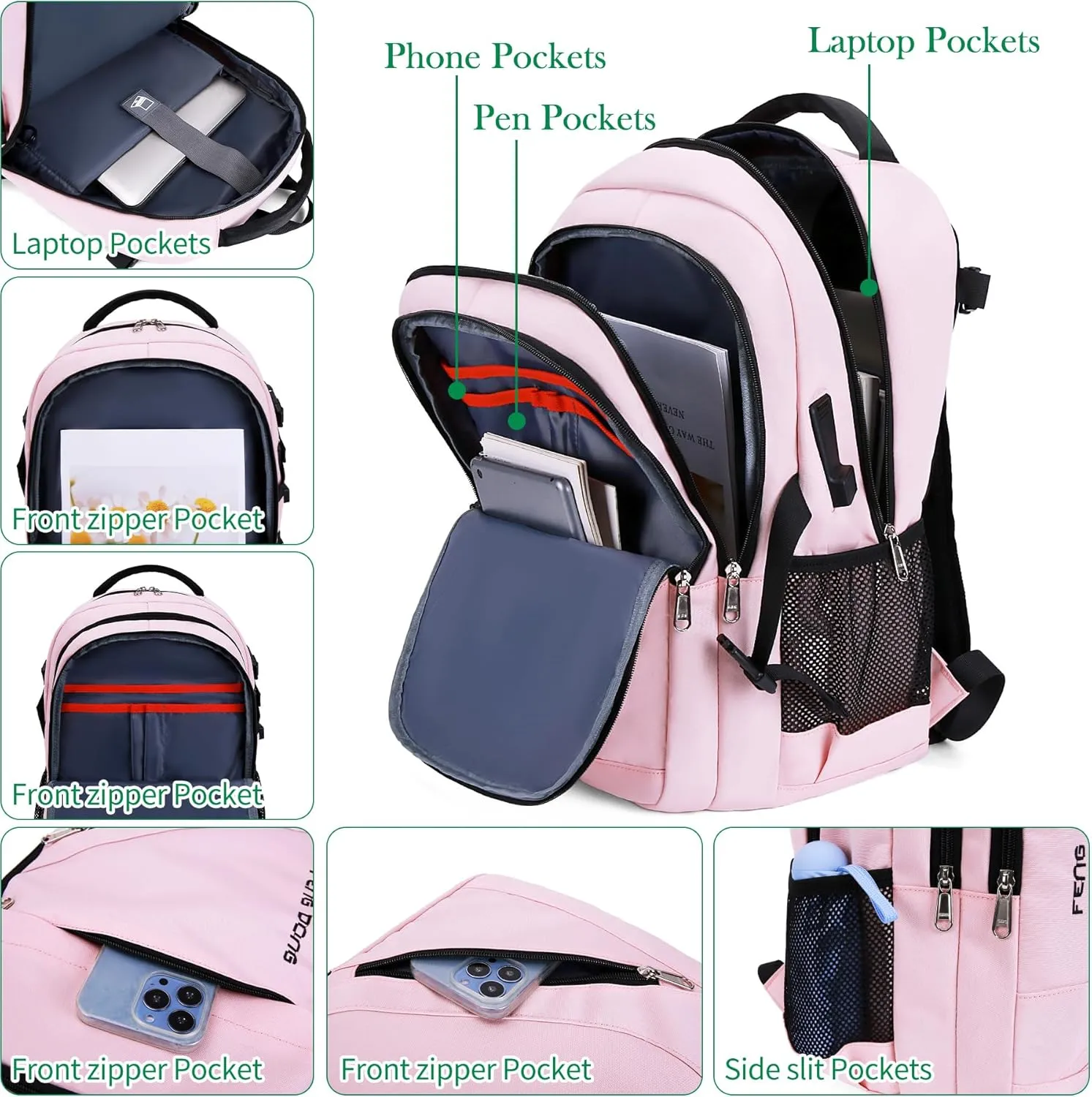 Large Laptop Backpack 17.3 inch Waterproof Travel College Backpack Bookbag,Crossbody Sling Bags for Men & Women Business Backpack Light Pink