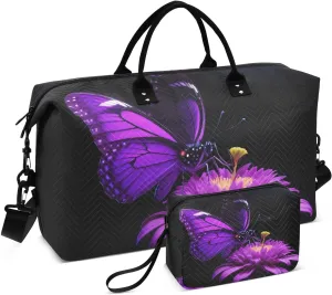 Large Purple Butterfly Sports Tote Gym Bag, Duffel Bag with Multiple Compartments and Telescopic Handle, Carry On Luggage with Toiletry Bags