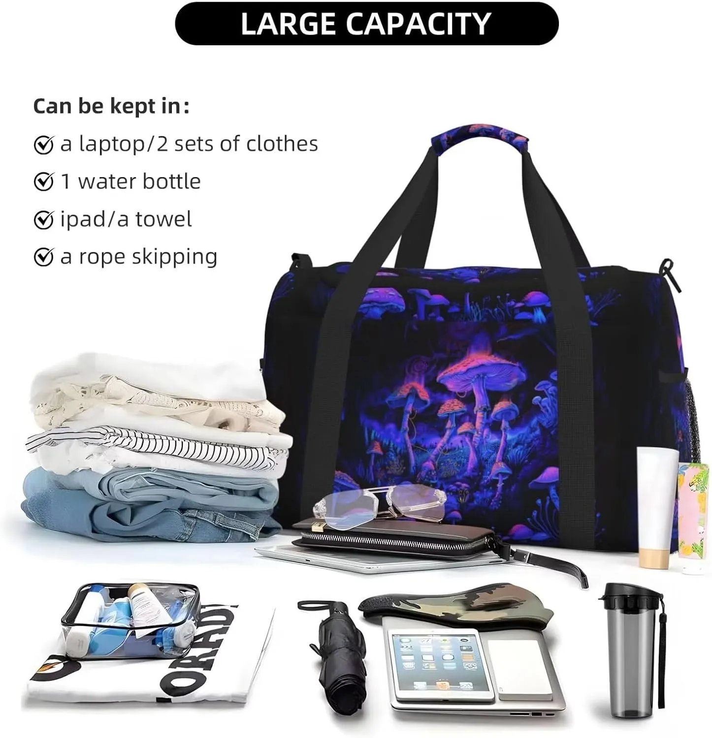Large Storage Duffle Bag with Zippers and Handles Fansty Mushroom Print Big Foldable Duffle Bag for Travel Purple Overnight Bag Carry On Bag Overnight Bag