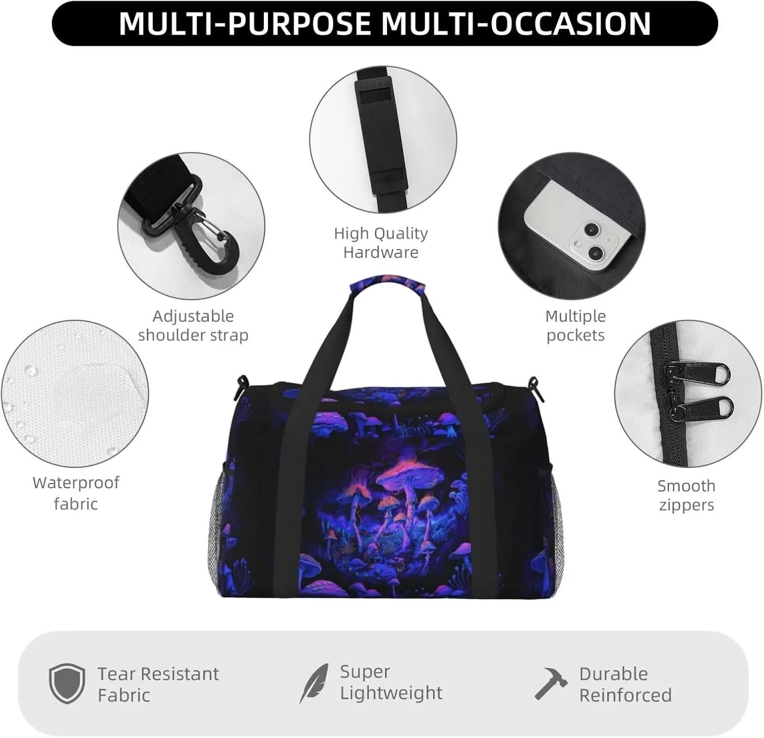 Large Storage Duffle Bag with Zippers and Handles Fansty Mushroom Print Big Foldable Duffle Bag for Travel Purple Overnight Bag Carry On Bag Overnight Bag