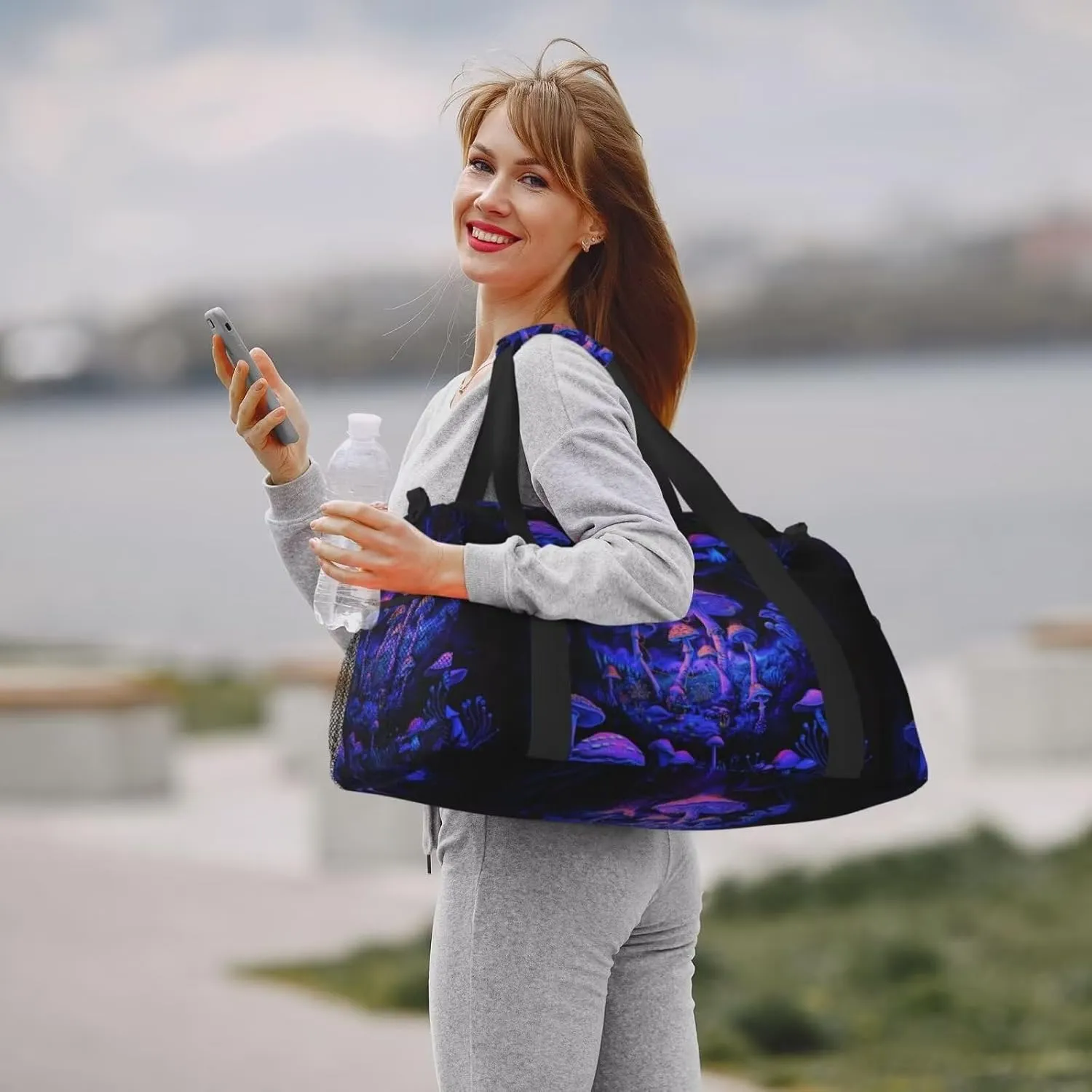 Large Storage Duffle Bag with Zippers and Handles Fansty Mushroom Print Big Foldable Duffle Bag for Travel Purple Overnight Bag Carry On Bag Overnight Bag