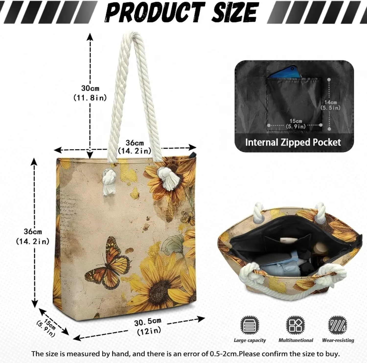 Large Tote Handbags for Women Reusable Grocery Bag Zipper Closure Storage Bag for Daily