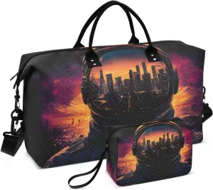 Large Travel Duffel Bag, Astronaut City Landscape Sport Tote Gym Bags, Shoulder Weekender Overnight Bags for Women Men, Carry On Luggage with Toiletry Bag