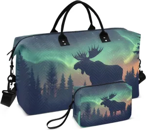 Large Travel Duffel Bag, Aurora Moose Forest Sport Tote Gym Bags, Shoulder Weekender Overnight Bags for Women Men, Carry On Luggage with Toiletry Bag
