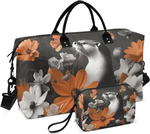 Large Travel Duffel Bag Beaver Flowers Butterfly Sports Tote Gym Bags, Shoulder Weekender Overnight Bags for Women Men, Carry On Luggage with Toiletry Bag