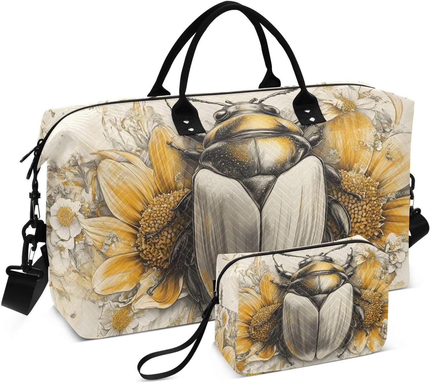 Large Travel Duffel Bag Beetle Flower Sports Tote Gym Bags, Shoulder Weekender Overnight Bags for Women Men, Carry On Luggage with Toiletry Bag