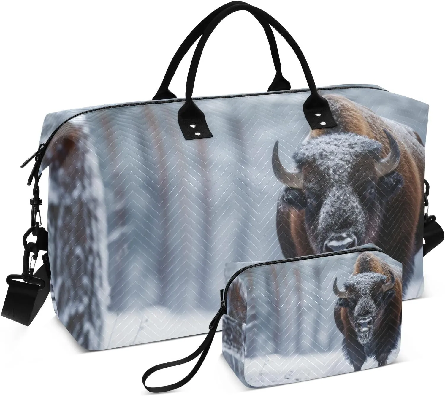 Large Travel Duffel Bag, Bison Snow Forest Sport Tote Gym Bag, Shoulder Weekender Overnight Bag for Women Men, Carry On Luggage with Toiletry Bag