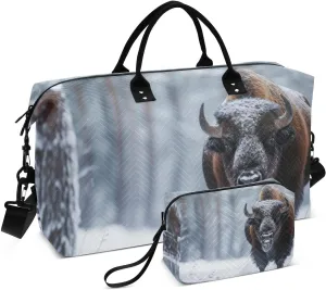 Large Travel Duffel Bag, Bison Snow Forest Sport Tote Gym Bag, Shoulder Weekender Overnight Bag for Women Men, Carry On Luggage with Toiletry Bag