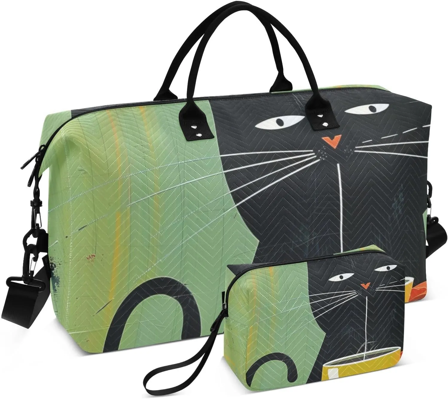 Large Travel Duffel Bag, Black Cat Tea Cup Sport Tote Gym Bag, Shoulder Weekender Overnight Bag for Women Men, Carry On Luggage with Toiletry Bag