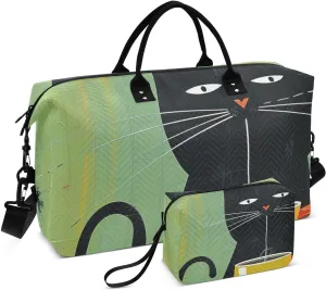Large Travel Duffel Bag, Black Cat Tea Cup Sport Tote Gym Bag, Shoulder Weekender Overnight Bag for Women Men, Carry On Luggage with Toiletry Bag