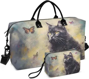 Large Travel Duffel Bag, Black Cat Watch Butterflies Sport Tote Gym Bag, Shoulder Weekender Overnight Bag for Women Men, Carry On Luggage with Toiletry Bag