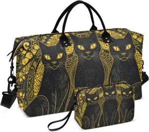Large Travel Duffel Bag, Black Cats Sports Tote Gym Bag, Shoulder Weekender Overnight Bag for Women Men, Carry On Luggage with Toiletry Bags