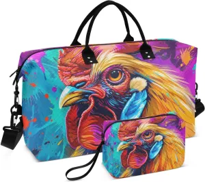 Large Travel Duffel Bag, Brightly Colored Rooster Sport Tote Gym Bag, Shoulder Weekender Overnight Bag for Women Men, Carry On Luggage with Toiletry Bag