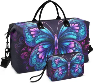 Large Travel Duffel Bag, Butterfly Blue Black Sport Tote Gym Bag, Shoulder Weekender Overnight Bag for Women Men, Carry On Luggage with Toiletry Bag