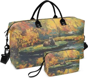 Large Travel Duffel Bag, Cat on The Pond Sports Tote Gym Bag, Shoulder Weekender Overnight Bag for Women Men, Carry On Luggage with Toiletry Bags