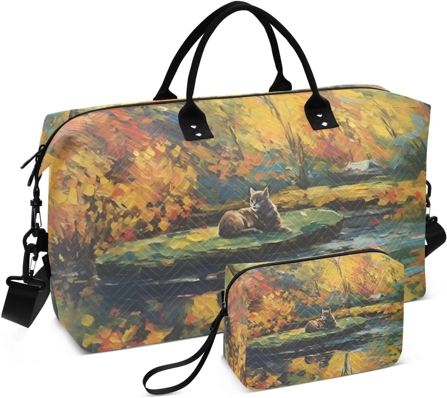 Large Travel Duffel Bag, Cat on The Pond Sports Tote Gym Bag, Shoulder Weekender Overnight Bag for Women Men, Carry On Luggage with Toiletry Bags