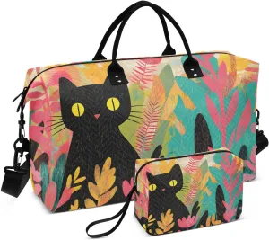 Large Travel Duffel Bag, Colorful Black Cat Garden Sport Tote Gym Bags, Shoulder Weekender Overnight Bags for Women Men, Carry On Luggage with Toiletry Bag
