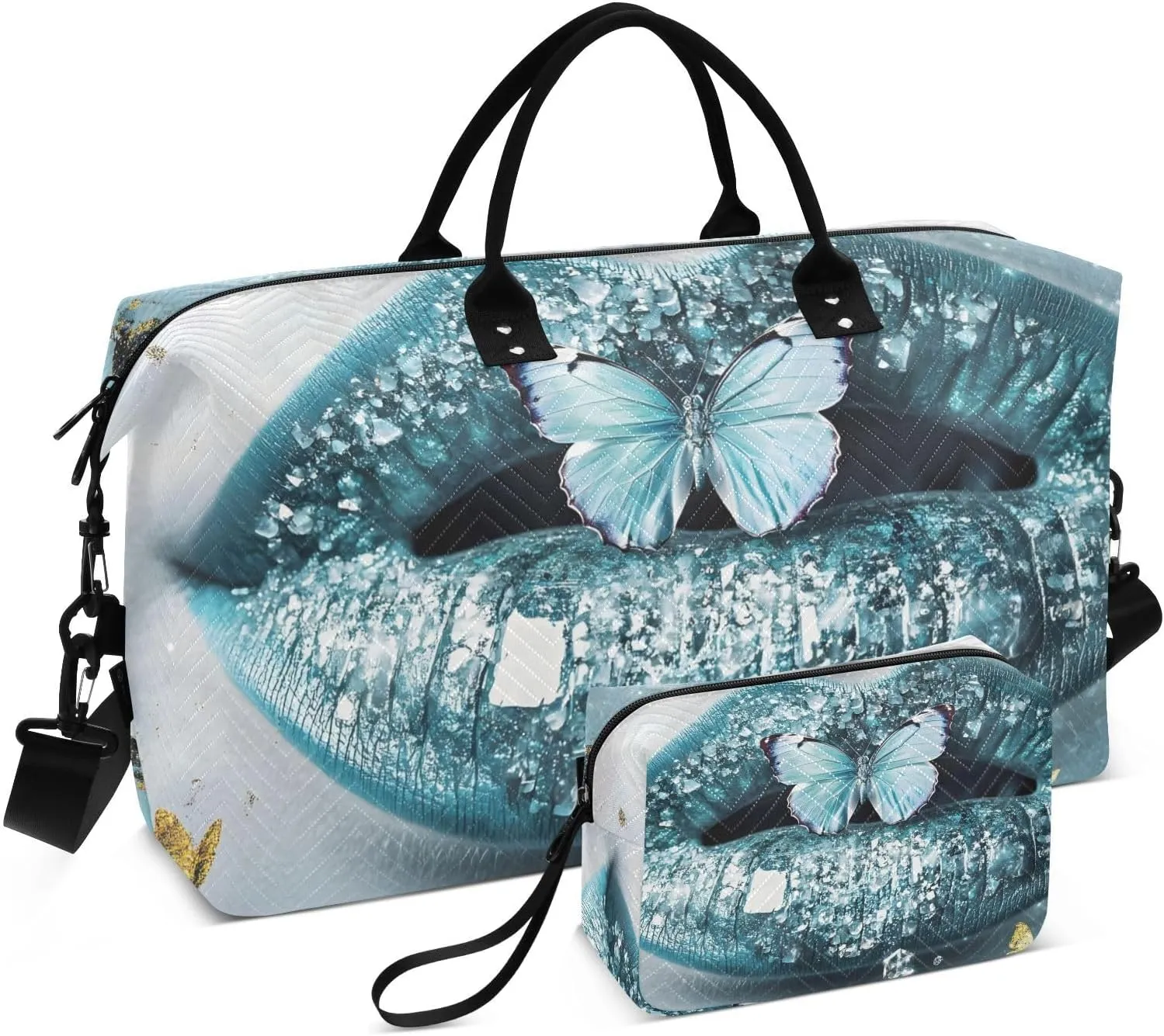 Large Travel Duffel Bag, Cool Blinking Lip Butterfly Sport Tote Gym Bag, Shoulder Weekender Overnight Bag for Women Men, Carry On Luggage with Toiletry Bag