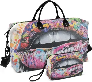 Large Travel Duffel Bag, Cool Lip Giraffiti Sport Tote Gym Bag, Shoulder Weekender Overnight Bag for Women Men, Carry On Luggage with Toiletry Bag