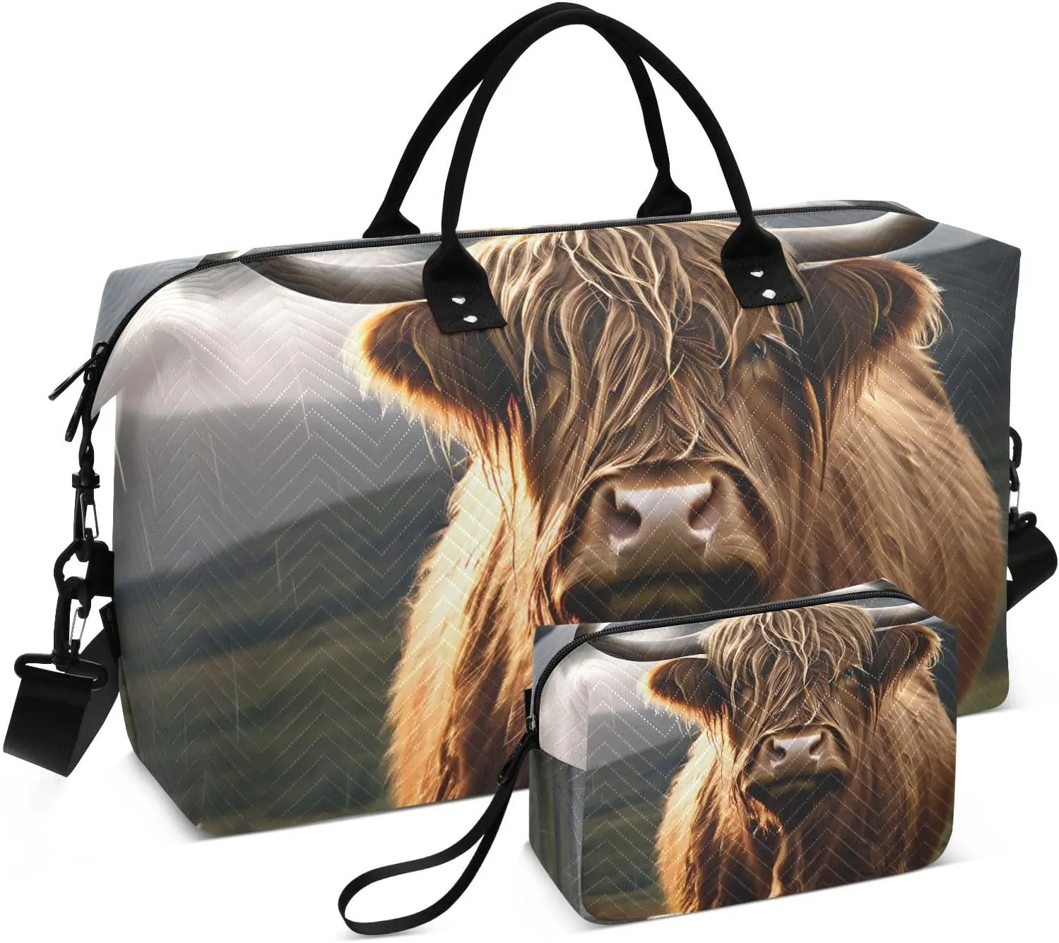 Large Travel Duffel Bag, Cow Long Horns Field Sport Tote Gym Bag, Shoulder Weekender Overnight Bag for Women Men, Carry On Luggage with Toiletry Bag