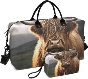 Large Travel Duffel Bag, Cow Long Horns Field Sport Tote Gym Bag, Shoulder Weekender Overnight Bag for Women Men, Carry On Luggage with Toiletry Bag