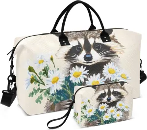 Large Travel Duffel Bag, Cute Raccoon Daisy Sport Tote Gym Bag, Shoulder Weekender Overnight Bag for Women Men, Carry On Luggage with Toiletry Bag