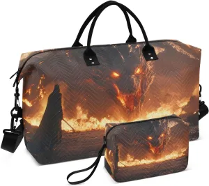 Large Travel Duffel Bag Dragon Warrior Flame Sports Tote Gym Bags, Shoulder Weekender Overnight Bags for Women Men, Carry On Luggage with Toiletry Bag