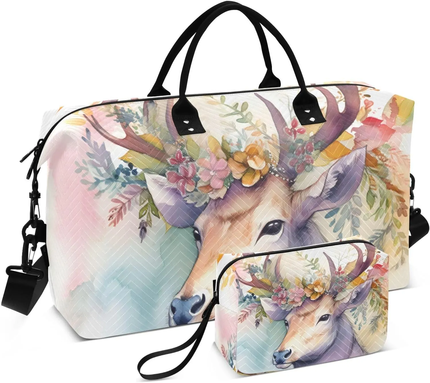 Large Travel Duffel Bag, Elk Garland and Floral Sport Tote Gym Bag, Shoulder Weekender Overnight Bag for Women Men, Carry On Luggage with Toiletry Bag