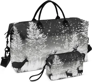 Large Travel Duffel Bag, Elks Forest Retro Sport Tote Gym Bags, Shoulder Weekender Overnight Bags for Women Men, Carry On Luggage with Toiletry Bag