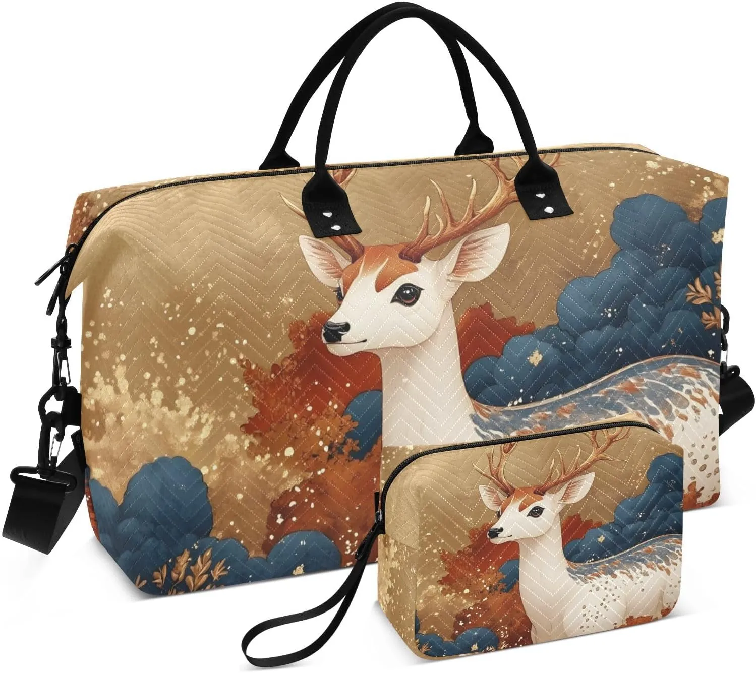 Large Travel Duffel Bag, Fantasy Elk Garden Sport Tote Gym Bag, Shoulder Weekender Overnight Bag for Women Men, Carry On Luggage with Toiletry Bag