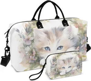 Large Travel Duffel Bag, Garland and Cute Kitten Sport Tote Gym Bag, Shoulder Weekender Overnight Bag for Women Men, Carry On Luggage with Toiletry Bag