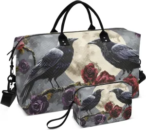 Large Travel Duffel Bag, Gothic Crow Rose Purple Sport Tote Gym Bags, Shoulder Weekender Overnight Bags for Women Men, Carry On Luggage with Toiletry Bag