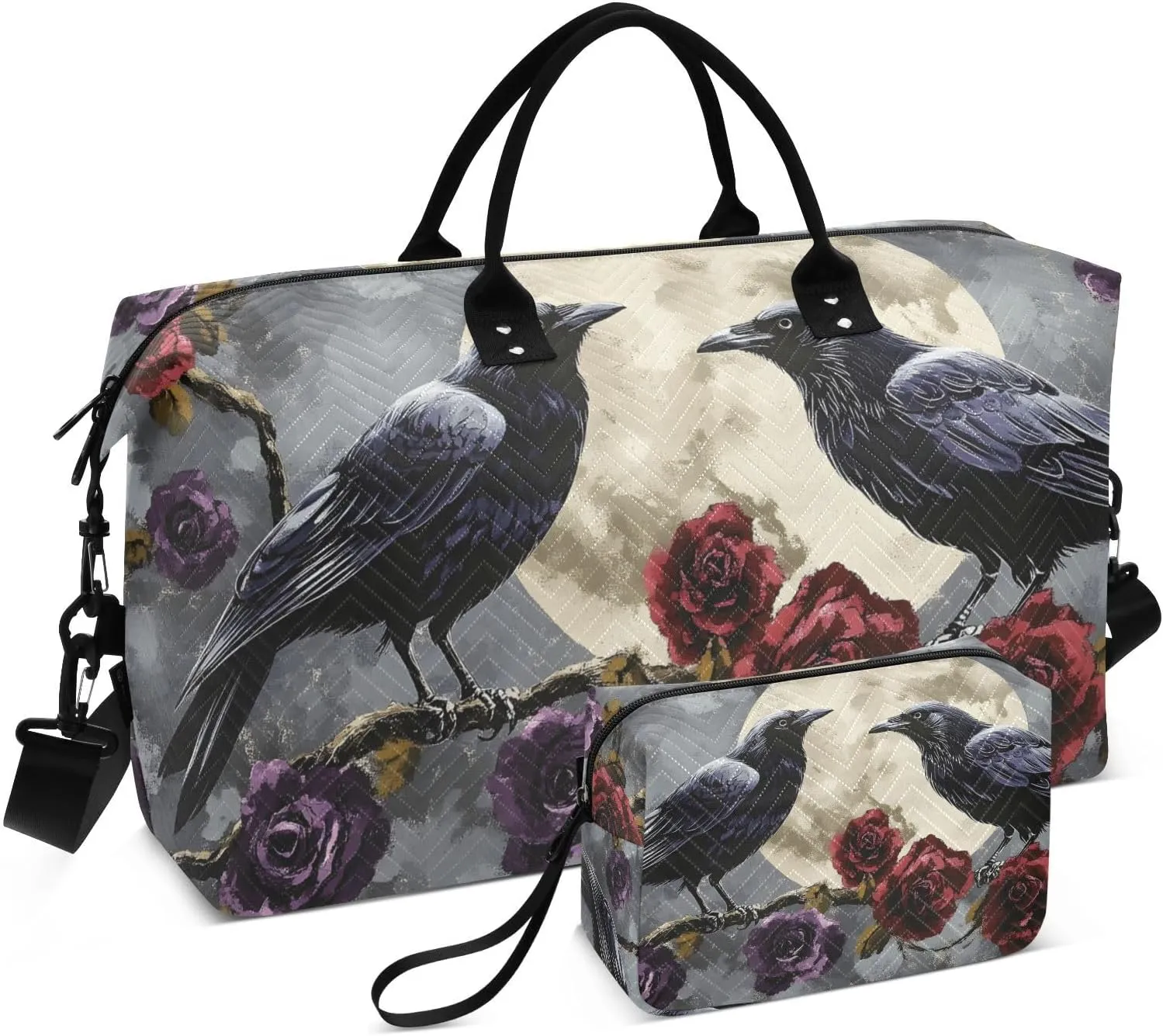 Large Travel Duffel Bag, Gothic Crow Rose Purple Sport Tote Gym Bags, Shoulder Weekender Overnight Bags for Women Men, Carry On Luggage with Toiletry Bag