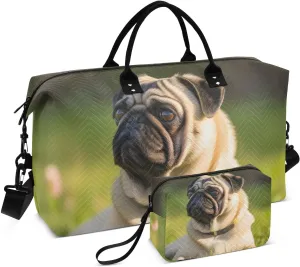 Large Travel Duffel Bag, Grass Sunlight Pug Dog Sport Tote Gym Bag, Shoulder Weekender Overnight Bag for Women Men, Carry On Luggage with Toiletry Bag