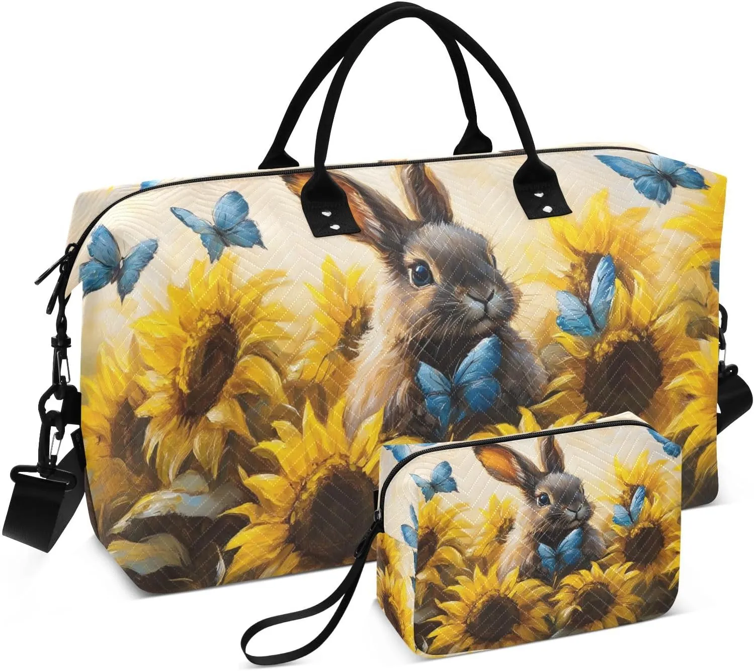 Large Travel Duffel Bag Hare Sunflower Cute Sports Tote Gym Bags, Shoulder Weekender Overnight Bags for Women Men, Carry On Luggage with Toiletry Bag