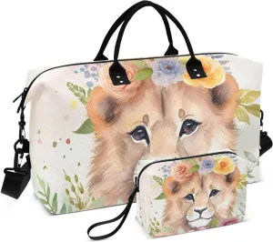 Large Travel Duffel Bag, Lion Garland Floral Sport Tote Gym Bag, Shoulder Weekender Overnight Bag for Women Men, Carry On Luggage with Toiletry Bag