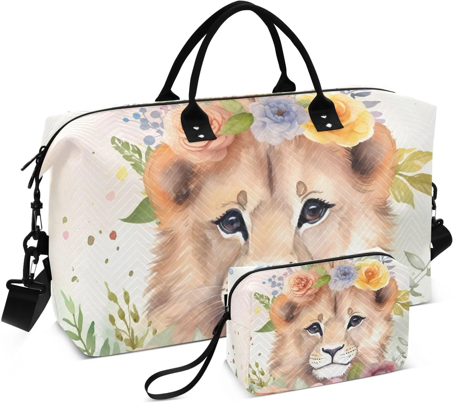 Large Travel Duffel Bag, Lion Garland Floral Sport Tote Gym Bag, Shoulder Weekender Overnight Bag for Women Men, Carry On Luggage with Toiletry Bag