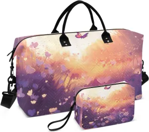 Large Travel Duffel Bag, Purple Butterfly Sunlight Sport Tote Gym Bag, Shoulder Weekender Overnight Bag for Women Men, Carry On Luggage with Toiletry Bag