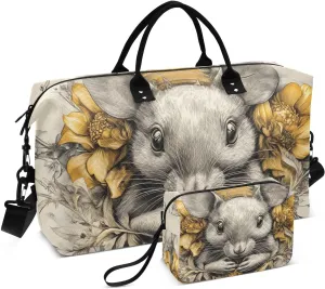 Large Travel Duffel Bag Rat Floral Cute Sports Tote Gym Bags, Shoulder Weekender Overnight Bags for Women Men, Carry On Luggage with Toiletry Bag