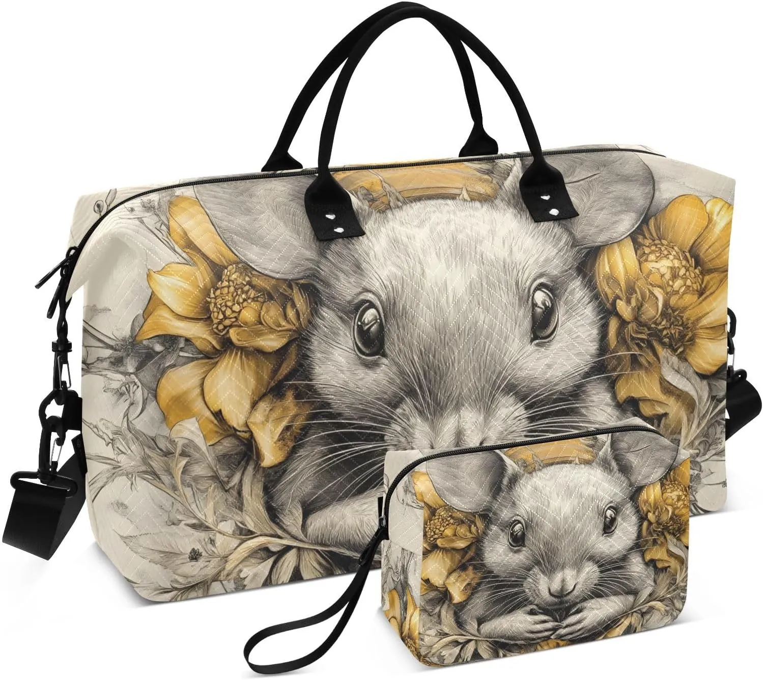 Large Travel Duffel Bag Rat Floral Cute Sports Tote Gym Bags, Shoulder Weekender Overnight Bags for Women Men, Carry On Luggage with Toiletry Bag
