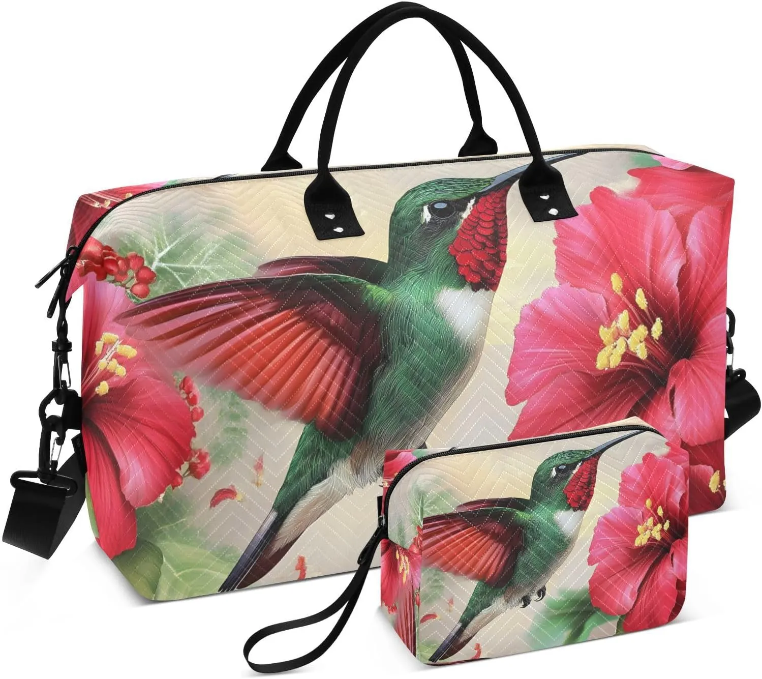 Large Travel Duffel Bag, Red Florals Hummingbird Sport Tote Gym Bags, Shoulder Weekender Overnight Bags for Women Men, Carry On Luggage with Toiletry Bag