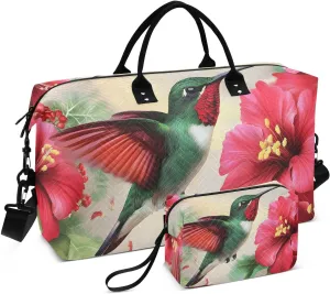 Large Travel Duffel Bag, Red Florals Hummingbird Sport Tote Gym Bags, Shoulder Weekender Overnight Bags for Women Men, Carry On Luggage with Toiletry Bag