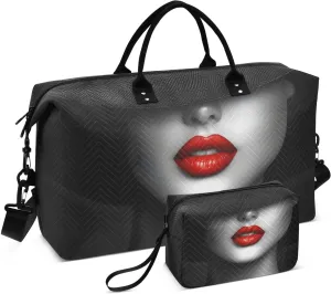 Large Travel Duffel Bag, Red Lip Woman Sport Tote Gym Bags, Shoulder Weekender Overnight Bags for Women Men, Carry On Luggage with Toiletry Bag