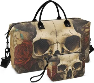 Large Travel Duffel Bag, Skull Horn Rose Sports Tote Gym Bag, Shoulder Weekender Overnight Bag for Women Men, Carry On Luggage with Toiletry Bags