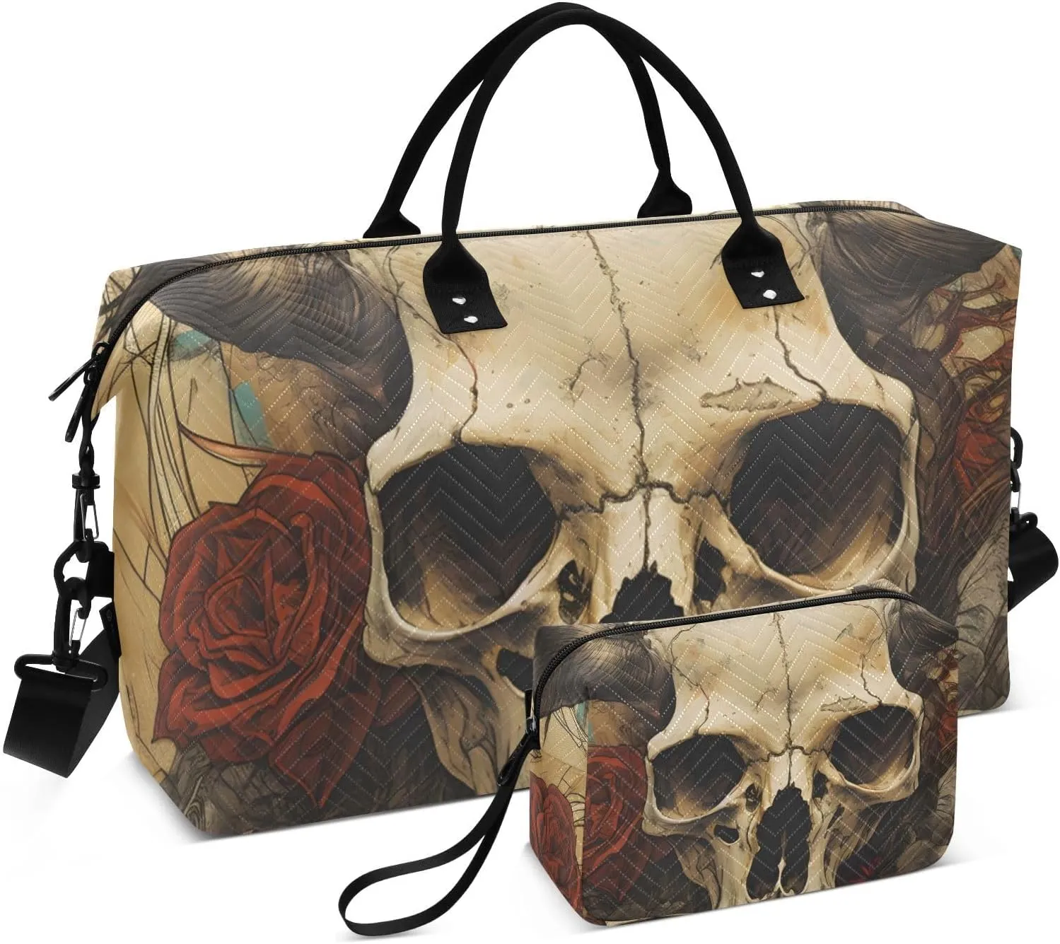 Large Travel Duffel Bag, Skull Horn Rose Sports Tote Gym Bag, Shoulder Weekender Overnight Bag for Women Men, Carry On Luggage with Toiletry Bags