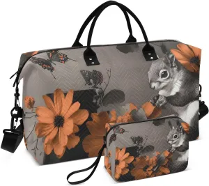 Large Travel Duffel Bag Squirrel Flower Butterfly Sports Tote Gym Bags, Shoulder Weekender Overnight Bags for Women Men, Carry On Luggage with Toiletry Bag