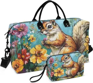 Large Travel Duffel Bag, Squirrel Flower Cute Sport Tote Gym Bags, Shoulder Weekender Overnight Bags for Women Men, Carry On Luggage with Toiletry Bag