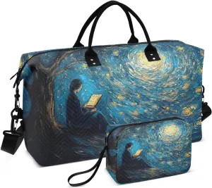 Large Travel Duffel Bag, Starry Night Read Book Sport Tote Gym Bags, Shoulder Weekender Overnight Bags for Women Men, Carry On Luggage with Toiletry Bag