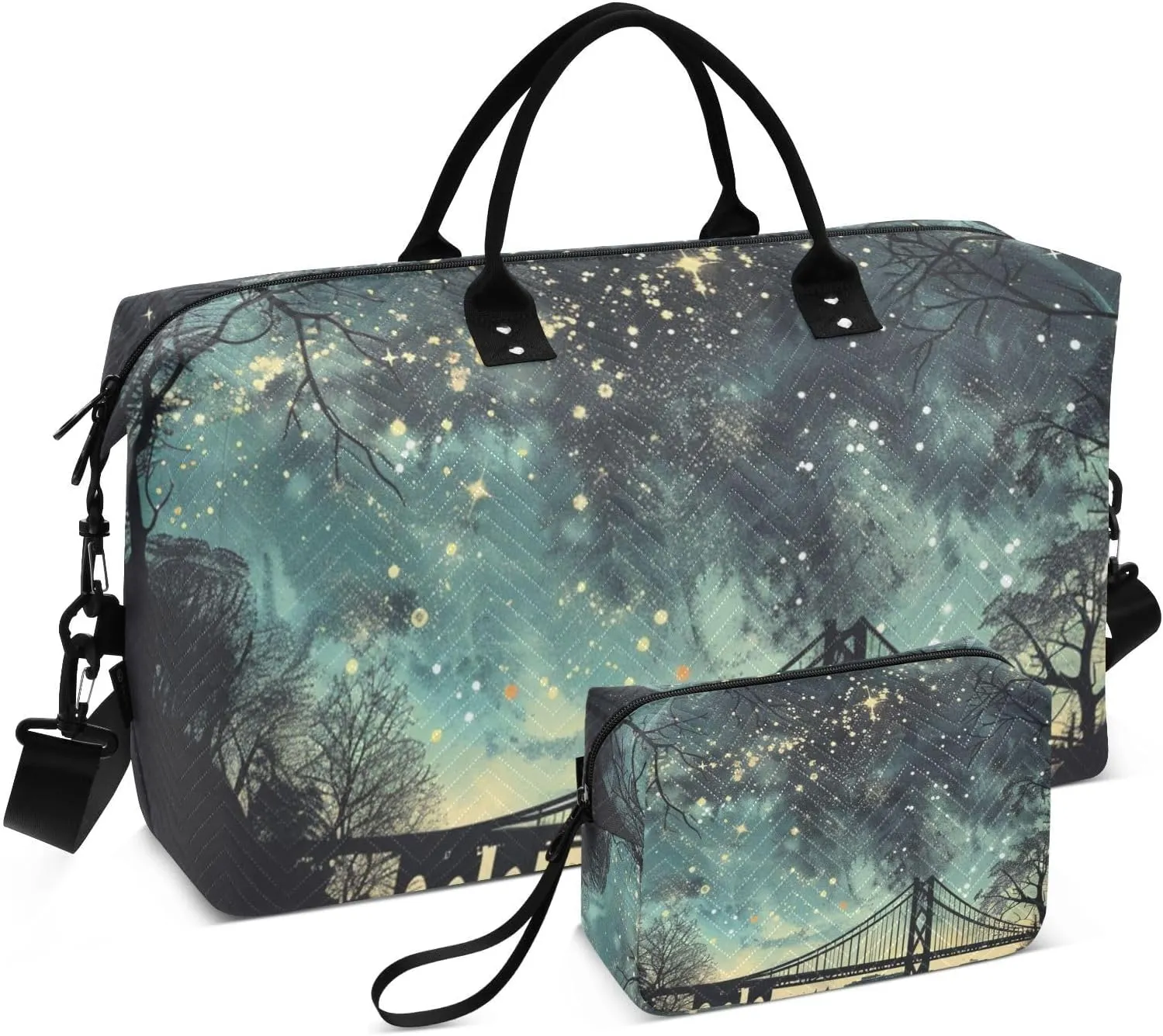 Large Travel Duffel Bag, Starry Night Sky Bridge Sport Tote Gym Bag, Shoulder Weekender Overnight Bag for Women Men, Carry On Luggage with Toiletry Bag